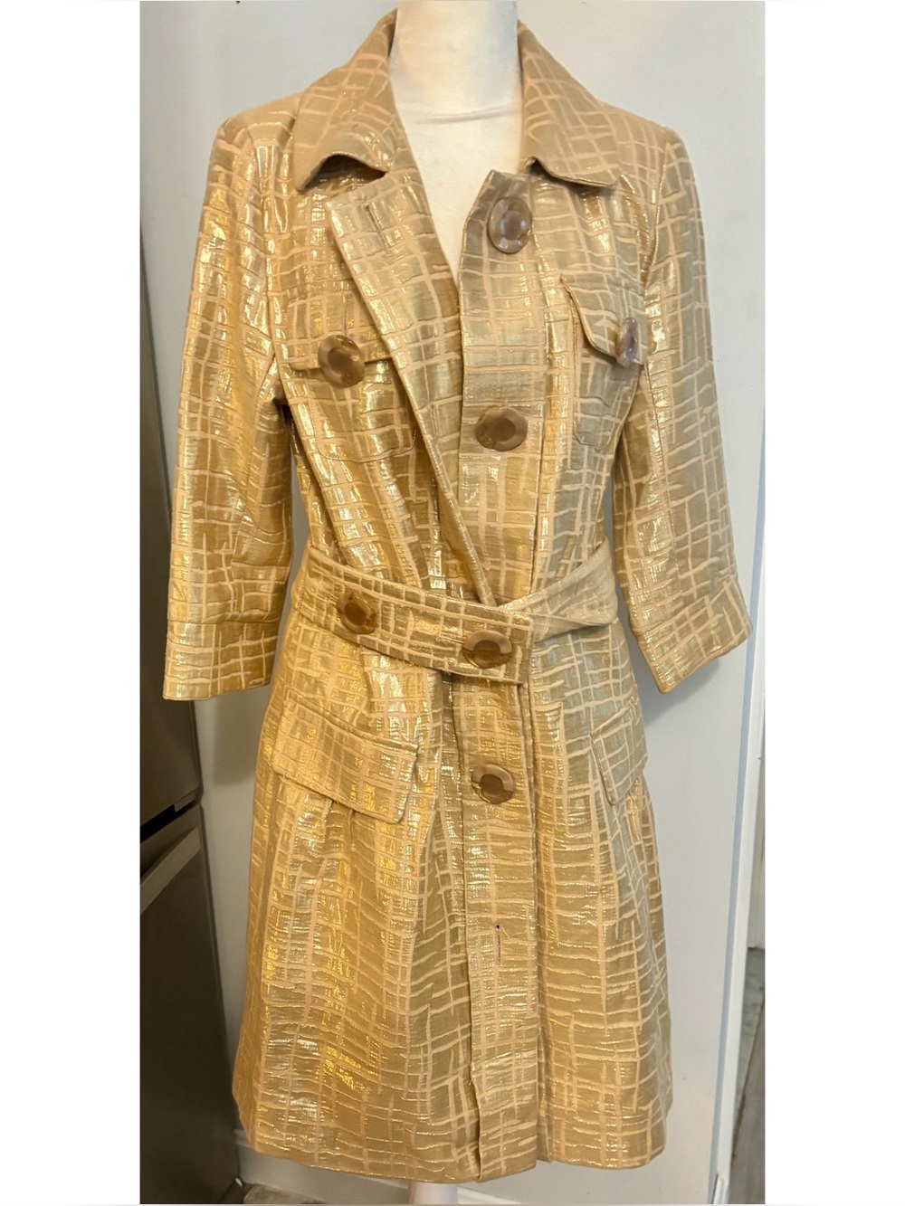 Vertigo Paris Shimmery Metallic Gold Belted Vintage Inspired Trench Coat-Medium